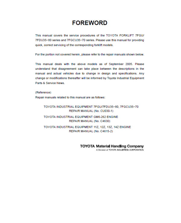Toyota 7FDU35, 7FDU45, 7FDU60, 7FDU70, 7FDU80, 7FDKU40, 7FDAU50 Forklift Repair Manual