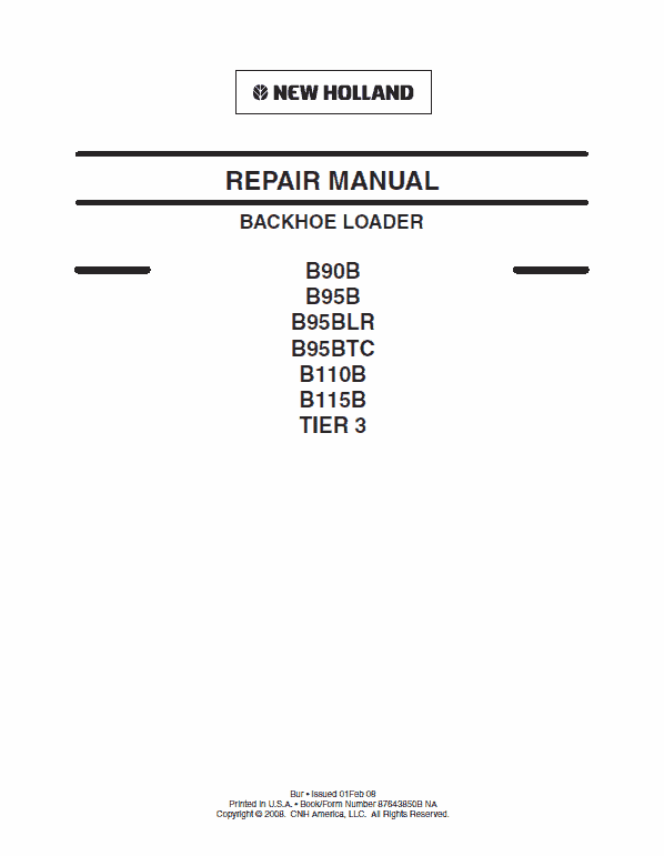 New Holland B110B, B115B Backhoe Loader Service Manual Workshop Guide