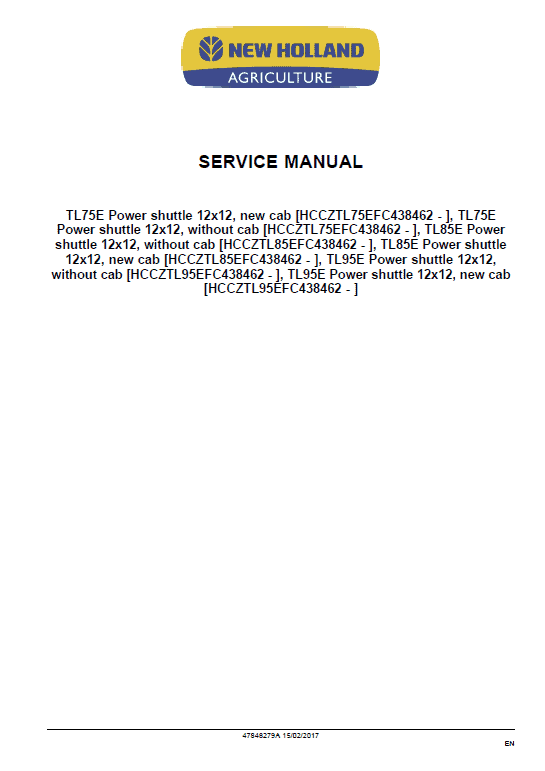 New Holland TL75, TL85, TL95 Tractor Service Manual Workshop Guide