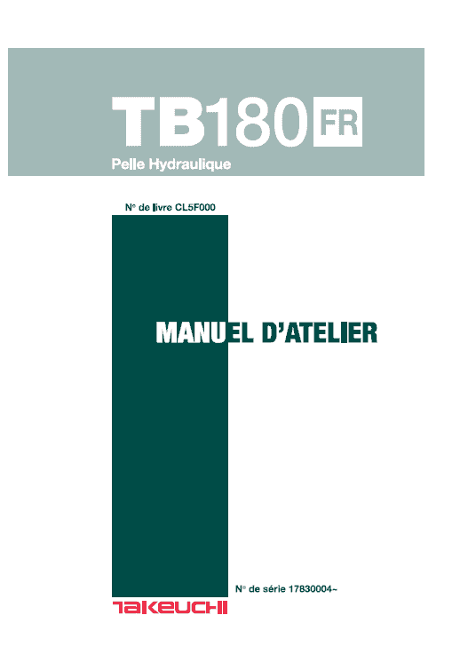 Takeuchi TB180 Compact Excavator Service Manual Workshop Guide