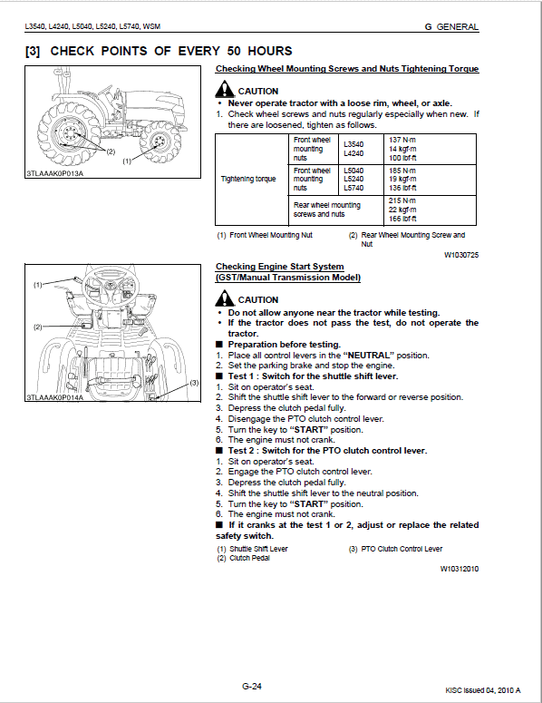 Kubota L3240, L3540, L4240, L5040, L5240, L5740 Tractors Service Manual