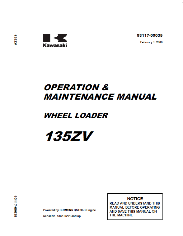 Kawasaki 135ZV Wheel Loader Repair Service Manual