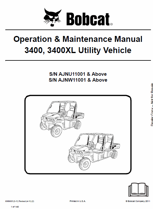 Bobcat 3400, 3400XL Utility Vehicle Service Repair Manual Workshop Guide