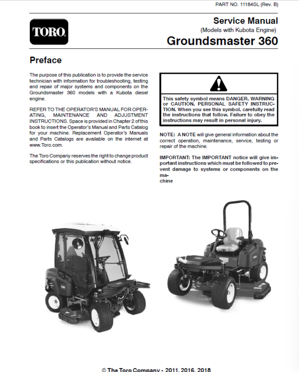 Toro Groundsmaster 360 (Kubota Engine) Service Repair Manual