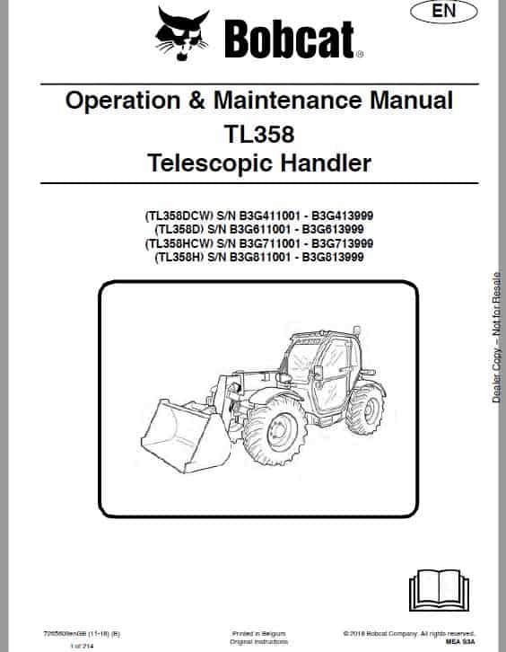 Bobcat TL358 versaHANDLER Telescopic Service Repair Manual