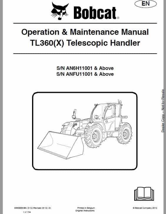 Bobcat TL360, TL360X, TL470, TL470X, TL470HF, TL470XHF Telescopic Service Repair Manual