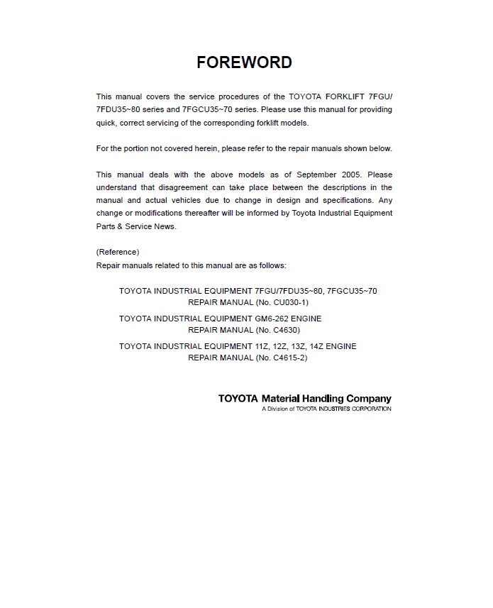 Toyota 7FGCU35, 7FGCU45, 7FGCU55, 7FGCU60, 7FGCU70, 7FGAU50 Forklift Repair Manual