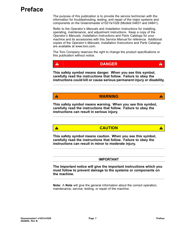Toro Greensmaster e1021 Service Repair Manual Workshop Guide