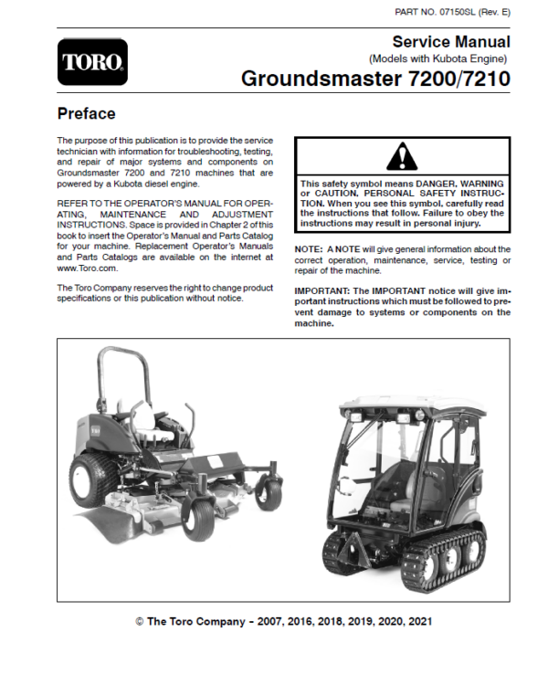 Toro Groundsmaster 7200, 7210 (Kubota Engine) Service Repair Manual