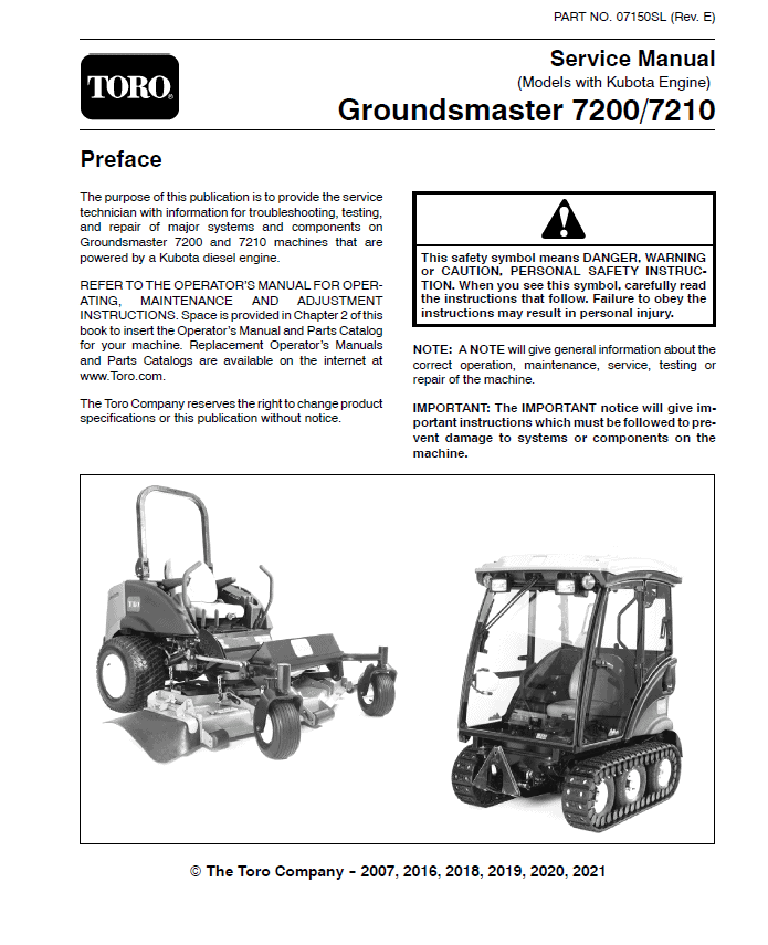 Toro Groundsmaster 7200, 7210 (Kubota Engine) Service Repair Manual
