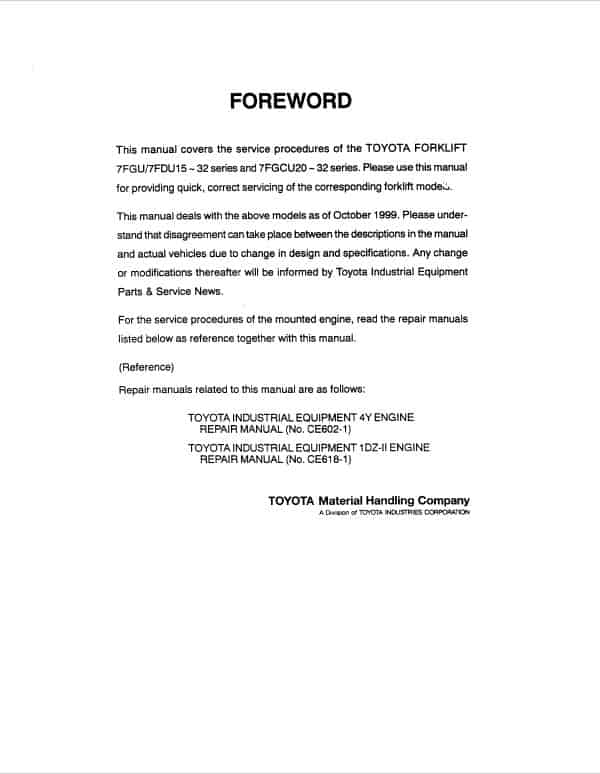 TOYOTA 7FGCU20, 7FGCU25, 7FGCU30, 7FGCU32 Forklift Repair Manual