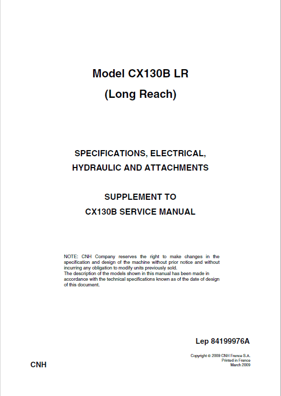 Case CX130B Crawler Excavator Service Manual Workshop Guide