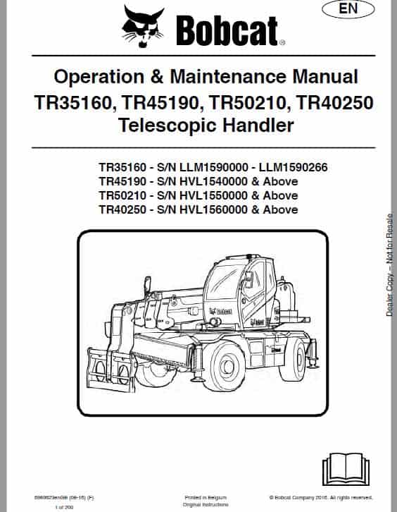 Bobcat TR35160, TR40250, TR45190, TR50210 versaHANDLER Telescopic Service Repair Manual