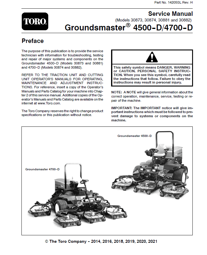 Toro Groundsmaster 4500-D, 4700-D (Models 30873, 30874, 30881, 30882) Service Repair Manual