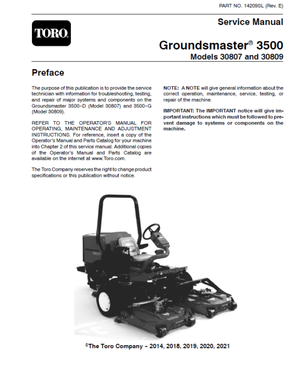 Toro Groundsmaster 3500-D, 3500-G (Model 30807, 30809) Service Repair Manual Workshop Guide