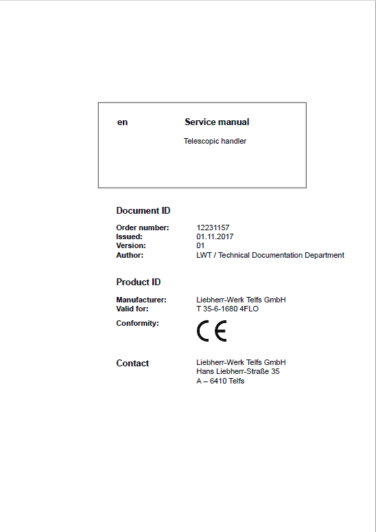 Liebherr T35-6 Telescopic Handler Service Manual