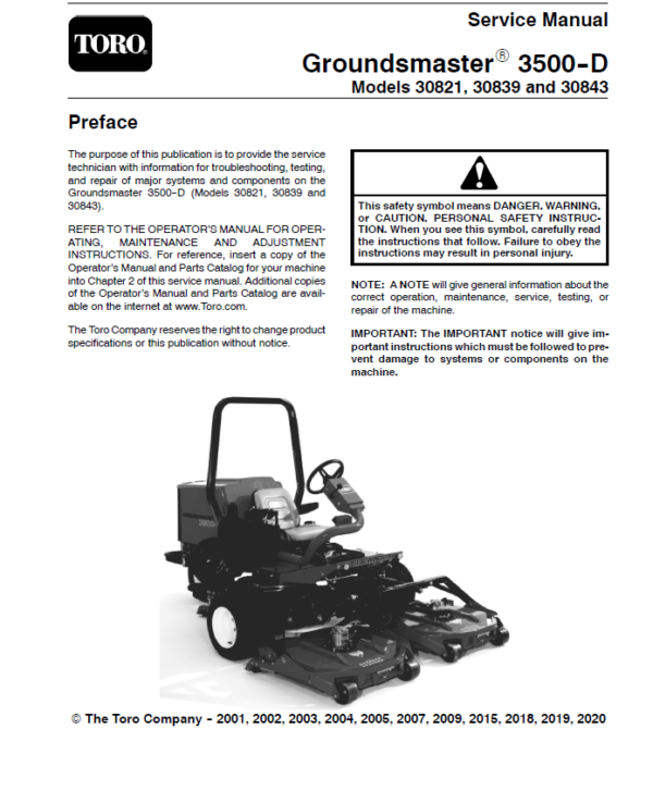 Toro Groundsmaster 3500-D (Model 30821, 30839, 30843) Service Repair Manual Workshop Guide
