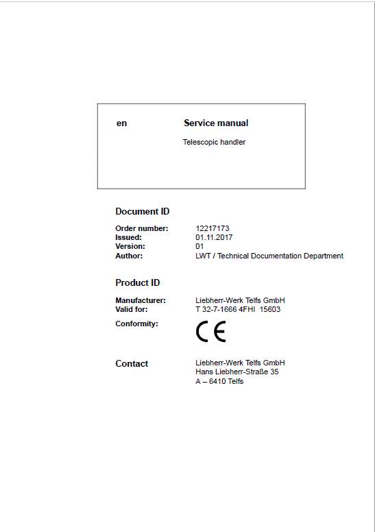 Liebherr T32-7 Telescopic Handler Service Manual