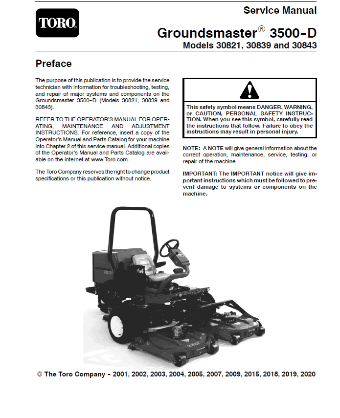 Toro Groundsmaster 3500-D (Model 30821, 30839, 30843) Service Repair Manual Workshop Guide
