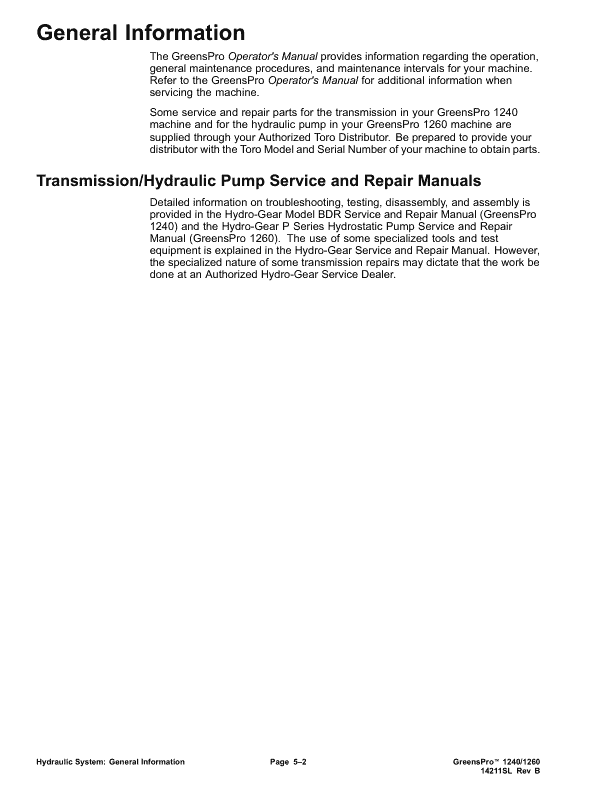 Toro Greens Pro 1240, 1260 Service Repair Manual Workshop Guide