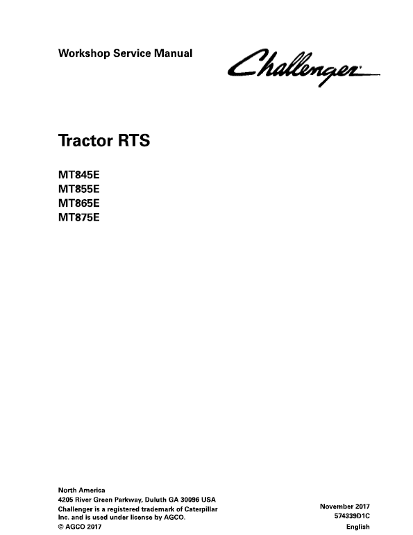 Challenger MT845E, MT855E, MT865E, MT875E Tractor Service Manual Workshop Guide
