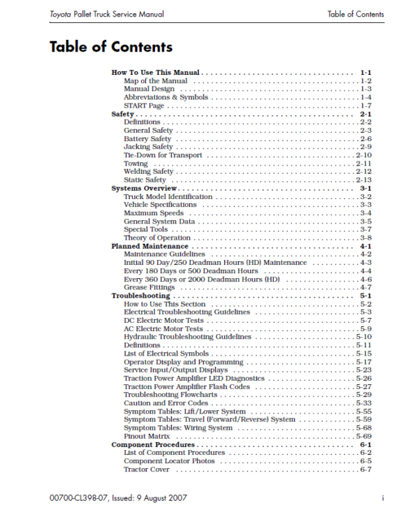 Toyota 8HBW30, 8HBE30, 8HBC30, 8HBE40, 8HBC40, 8TB50 Pallet Trucks Repair Manual Workshop Guide