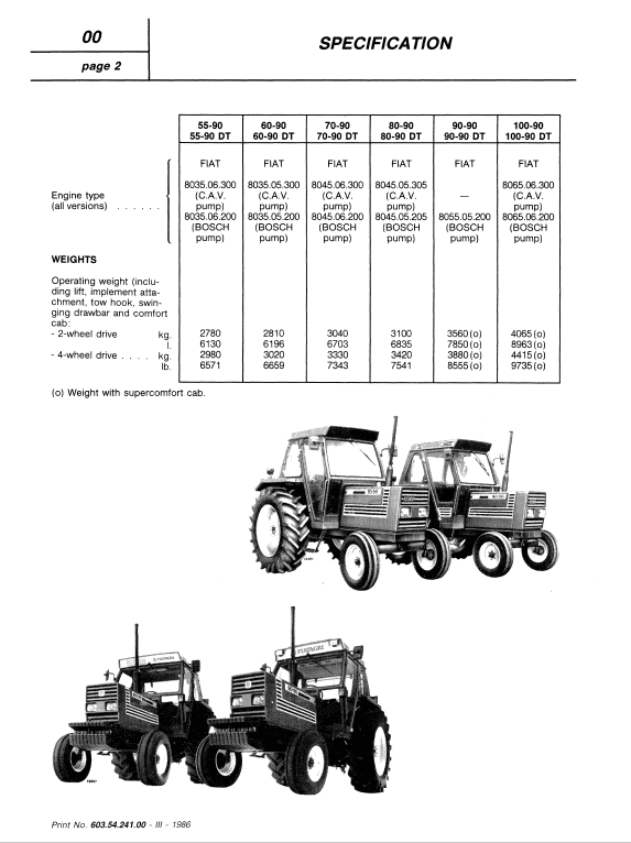 Fiat 50-90, 60-90, 70-90, 80-90, 90-90, 100-90 Tractor Service Manual Workshop Guide