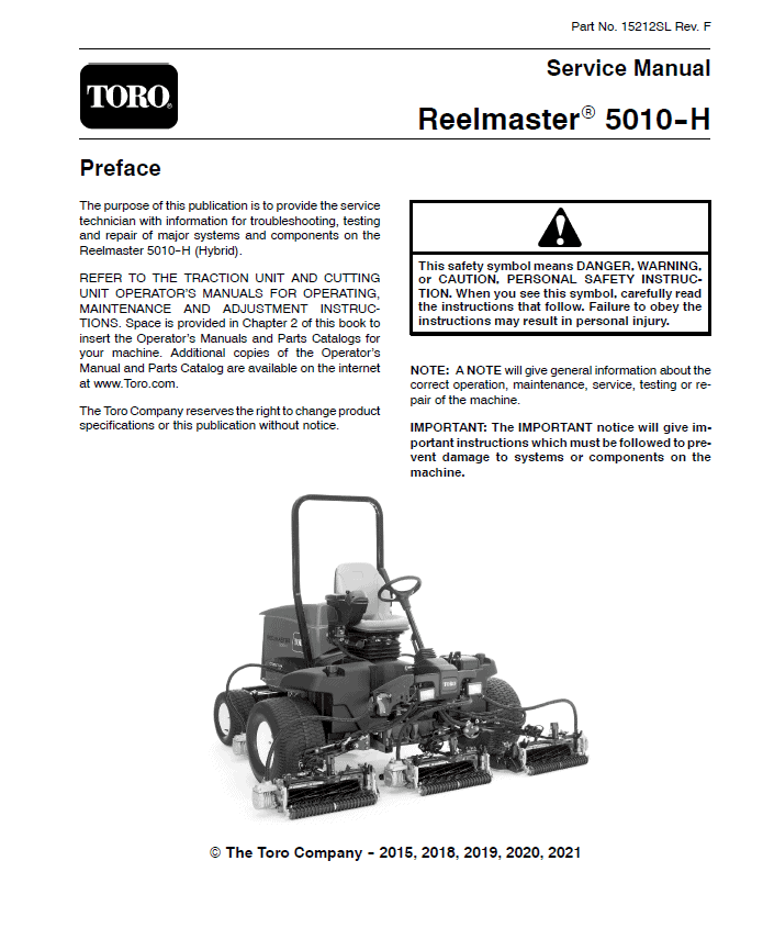 Toro Reelmaster 5010-H Service Repair Manual Workshop Guide
