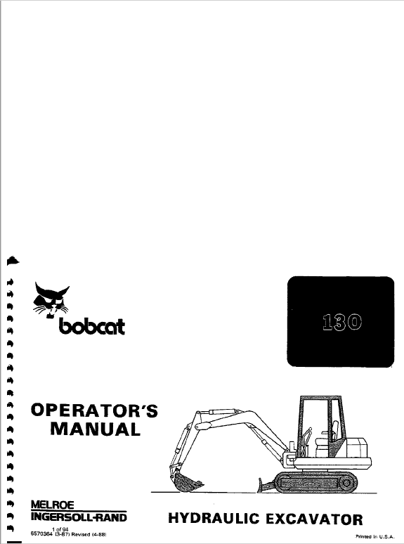 Bobcat 130 Hydraulic Excavator Service Manual Workshop Guide