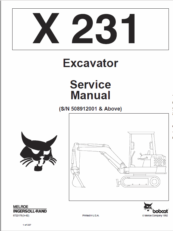 Bobcat X231 Excavator Service Manual Workshop Guide