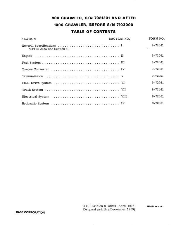 Case 800, 1000 Loader Dozer Service Manual Workshop Guide