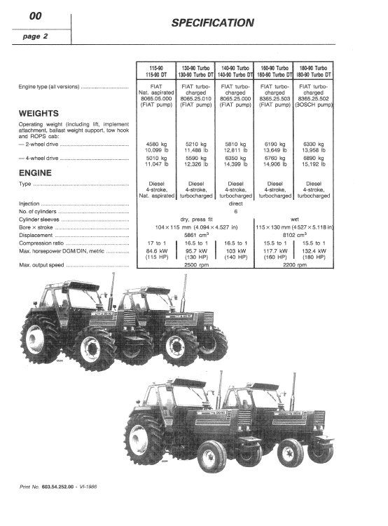 Fiat 115-90, 130-90, 140-90, 160-90, 180-90 Tractor Service Manual Workshop Guide