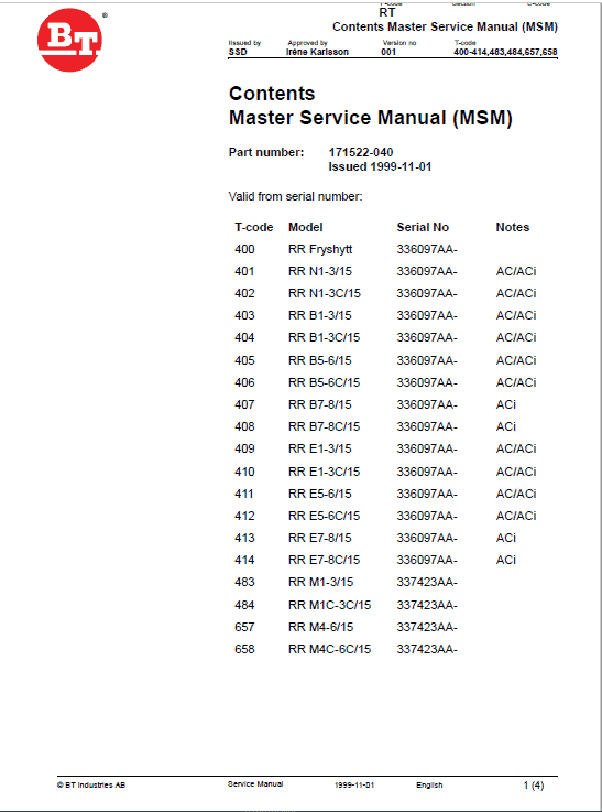 BT RR N, RR B, RR E, RR M Series Forklift Truck Service Manual