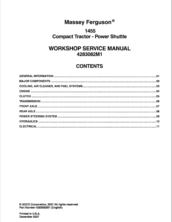Massey Ferguson 1455, 1455V Tractor Service Manual Workshop Guide