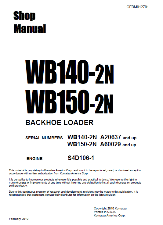 Komatsu WB140-2N and WB150-2N Backhoe Loader Service Manual Workshop Guide