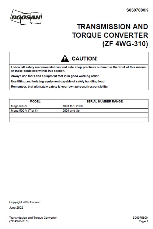 Daewoo Mega M500-V Wheel Loader Service Manual Workshop Guide