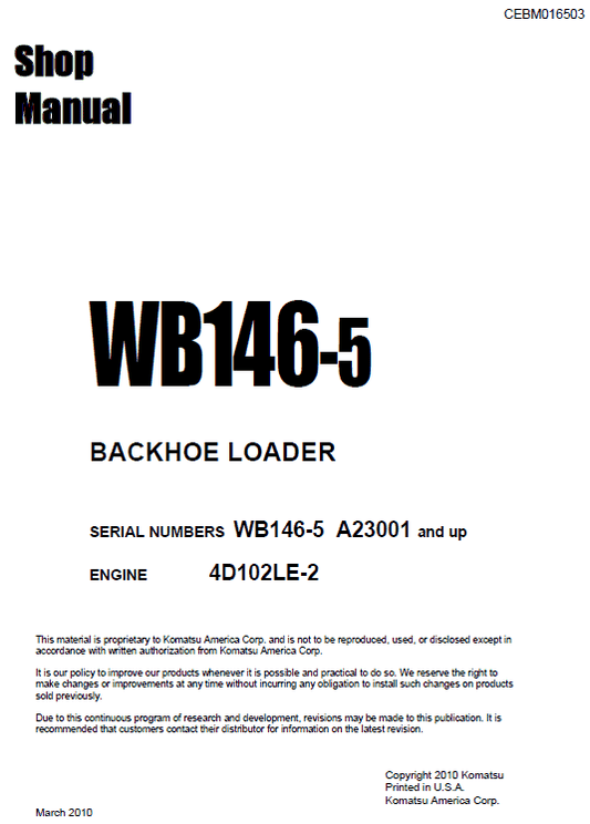 Komatsu WB146-5 Backhoe Loader Service Manual Workshop Guide