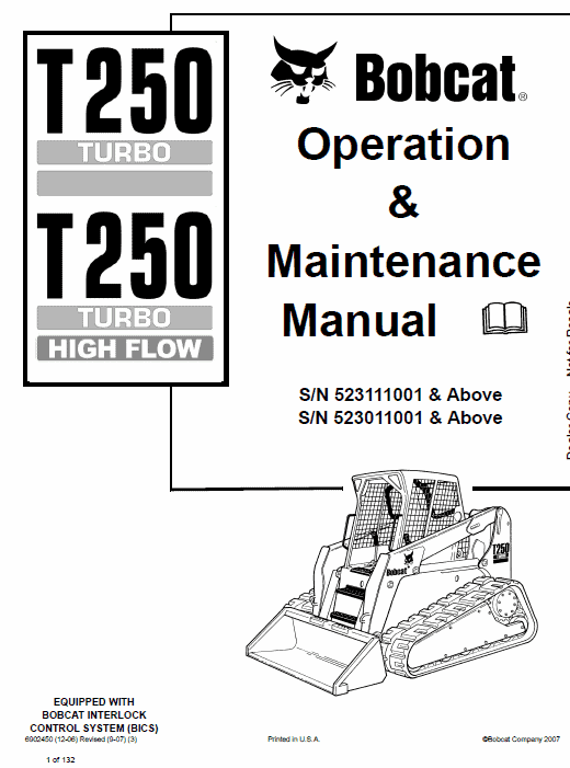 Bobcat T250 Turbo and Turbo High Flow Track Loader Service Manual Workshop Guide