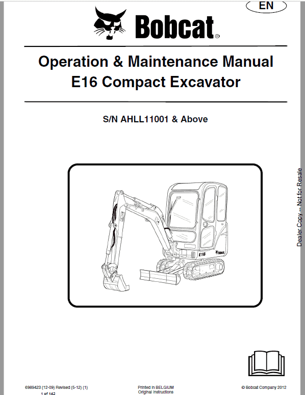 Bobcat E16 Excavator Repair Service Manual