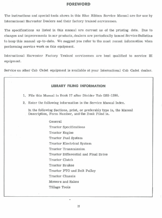 Cub Cadet 72, 104, 105, 124 and 125 Tractor Manual Workshop Guide