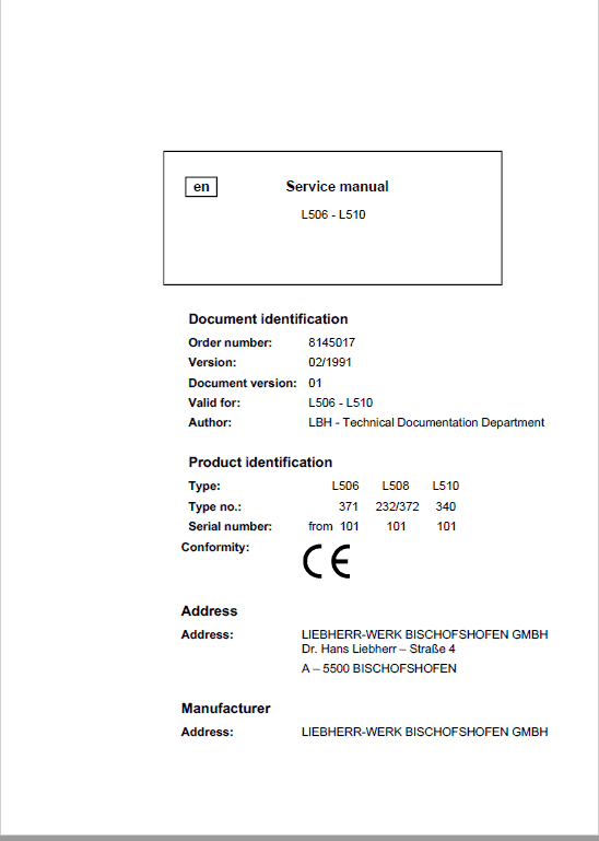 Liebherr L506, L508, L510 Wheel Loader Service Manual