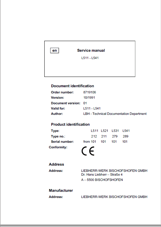 Liebherr L511, L521, L531, L541 Wheel Loader Service Manual