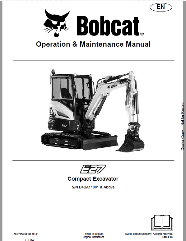 Bobcat E27 Excavator Repair Service Manual