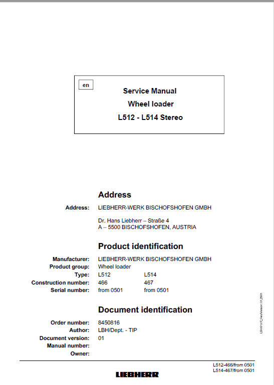 Liebherr L512, L514 Stereo Wheel Loader Service Manual