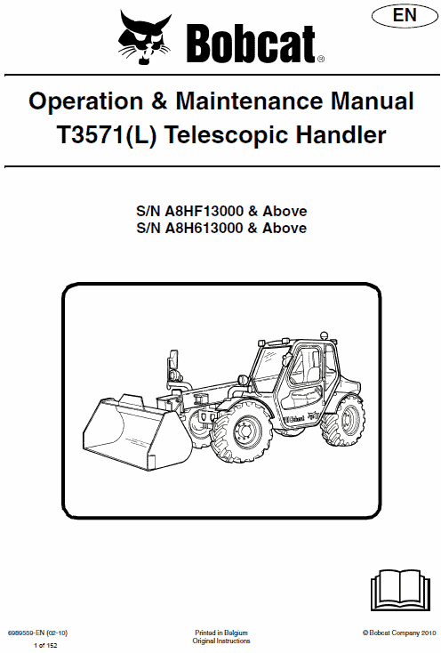 Bobcat T3571, T3571L Telescopic Handler Service Repair Manual Workshop Guide