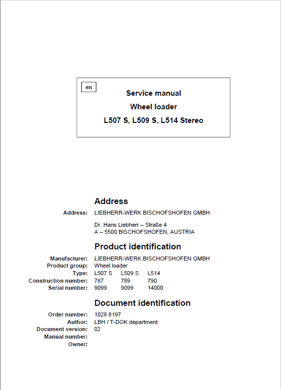 Liebherr L507S, L509S, L514 Wheel Loader Service Manual
