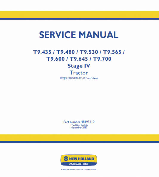 New Holland T9.600, T9.645, T9.700 Tractor Service Manual Workshop Guide