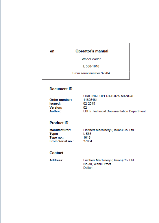 Liebherr L566 Type 1616 Wheel Loader Service Manual