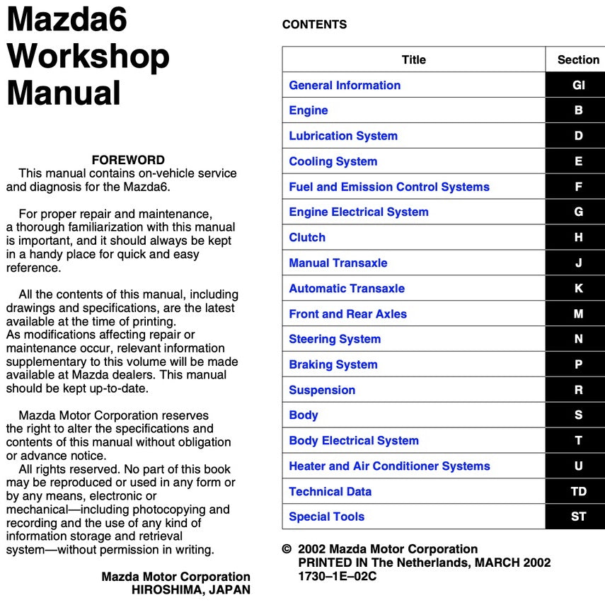 MAZDA 6 GG 2002-2007 Full Manual Set – Repair & Maintenance Manual
