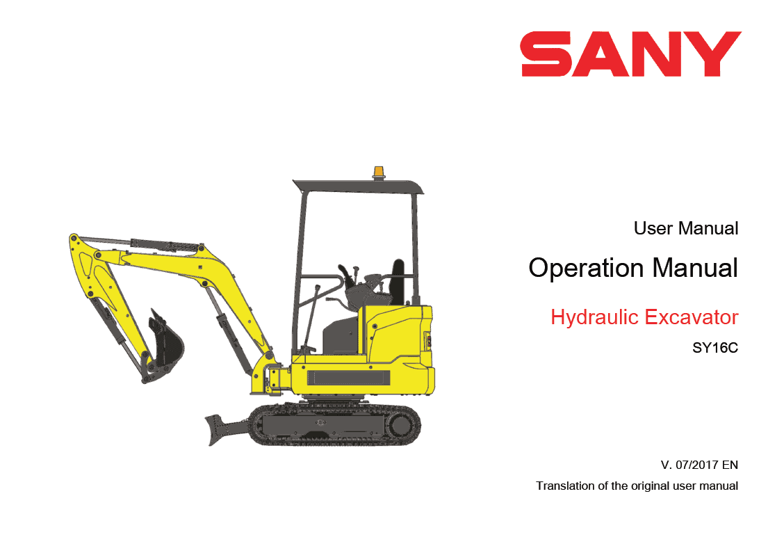 Sany SY16C Hydraulic Excavator Repair Service Manual